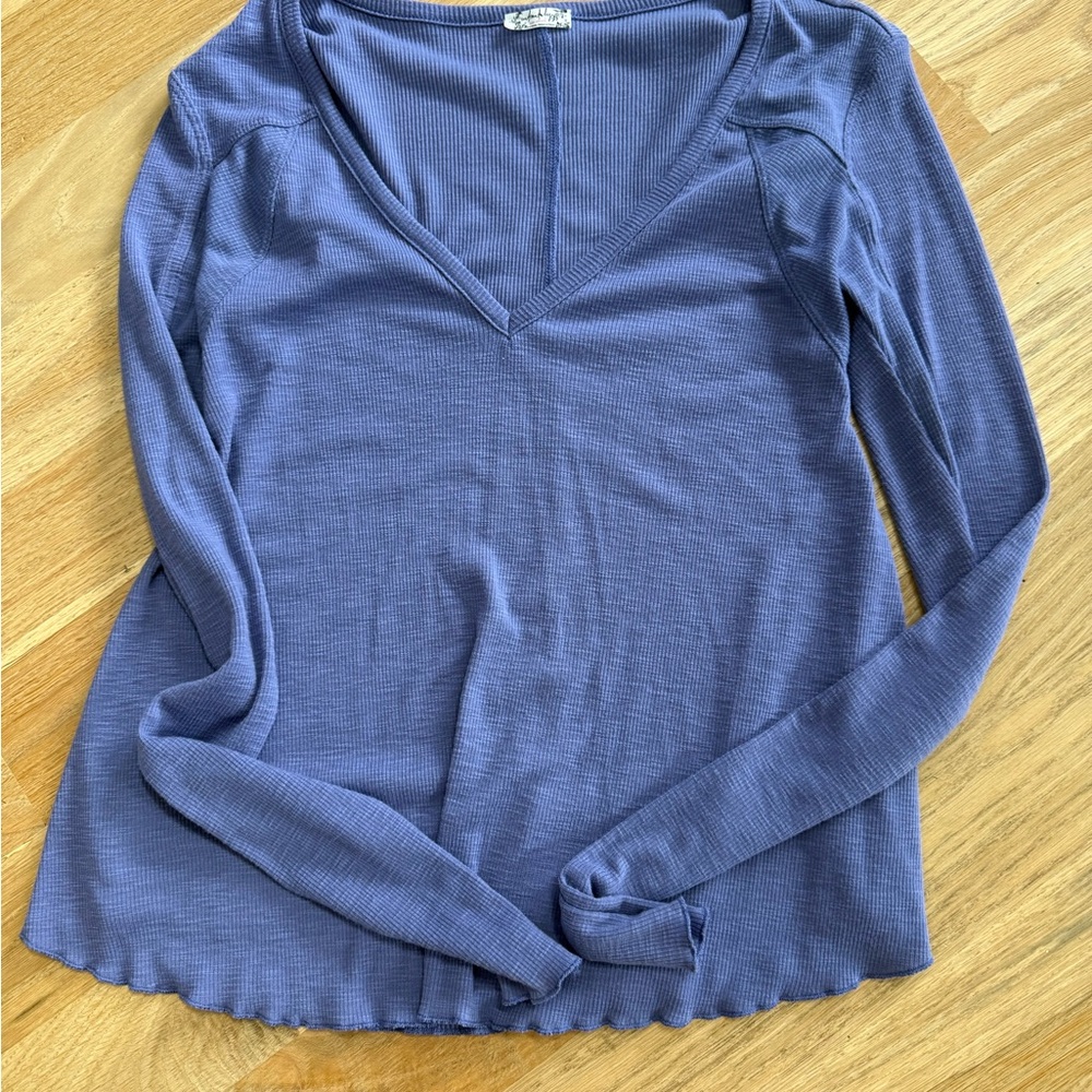 Free People Indigo V-Neck Long Sleeve Blouse